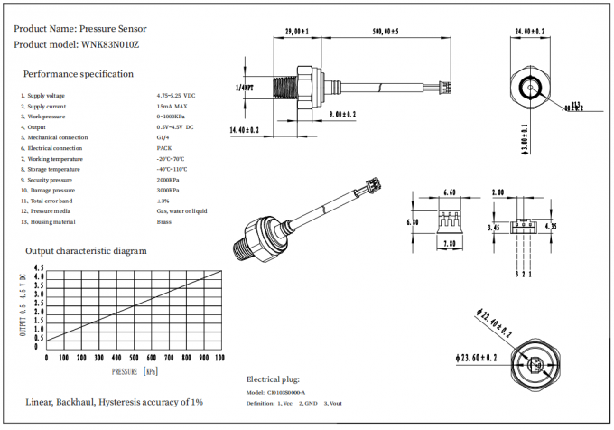 Baixo 10 sensor custado da pressão de água do bronze da barra 20bar com saída 0.5-4.5V